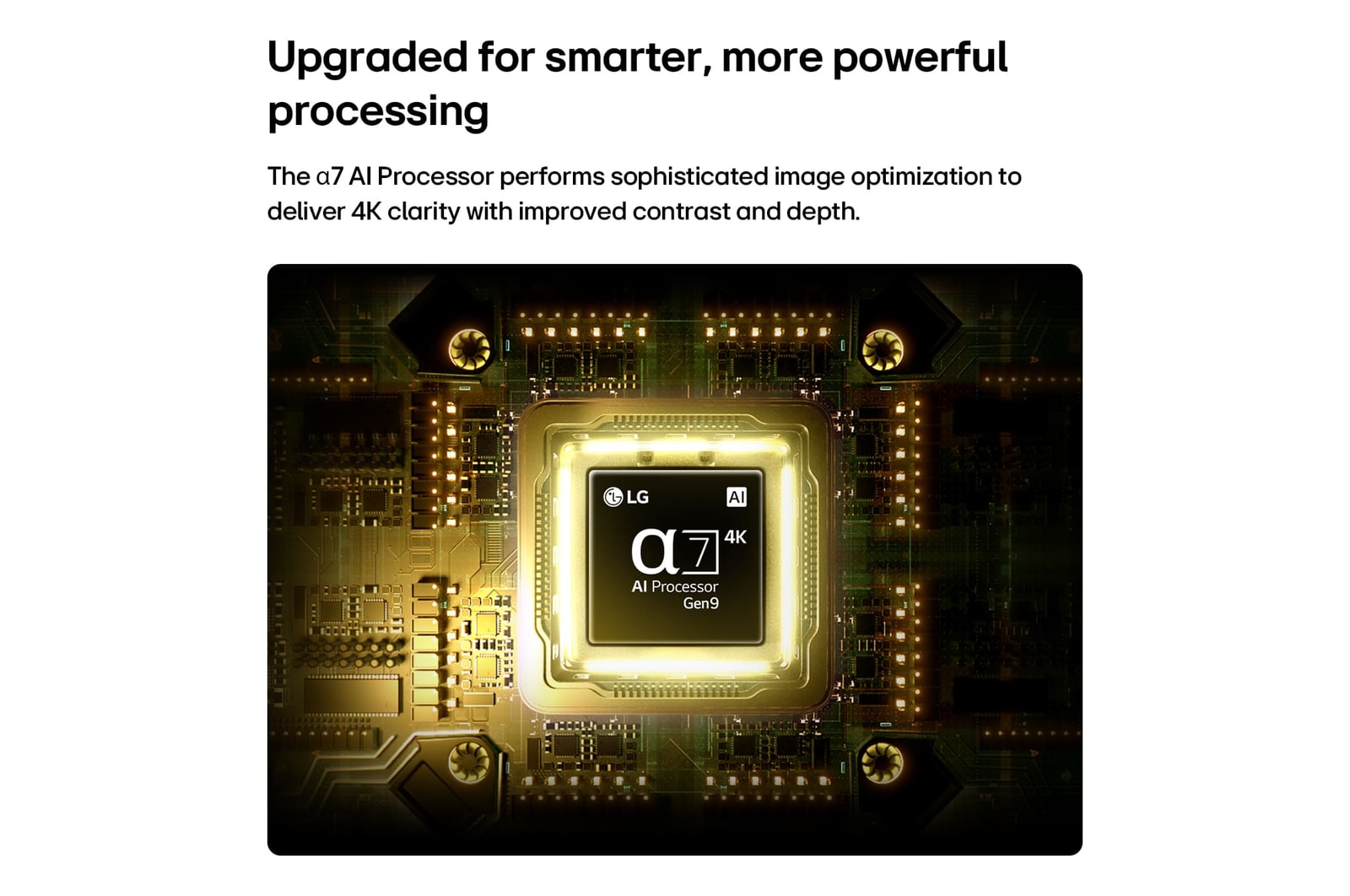 LG NANO 4K UHD AI nu70’s alpha 7 AI Processor 4K Gen9 glows at the center of a yellow circuit board, highlighting smarter, more powerful AI processing that enhances 4K image clarity with improved contrast and depth.